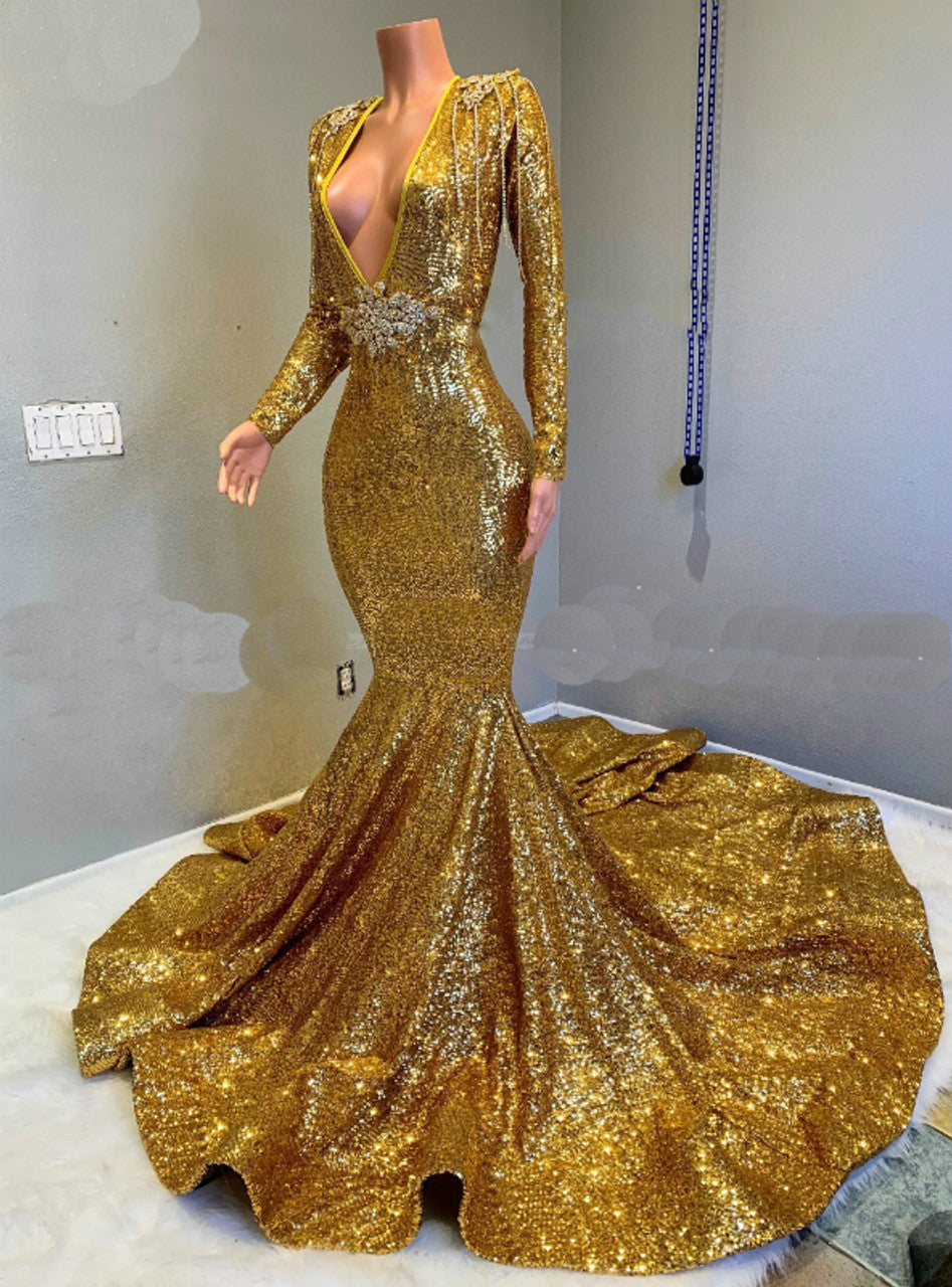 Luxury Sparkle & Shine V Neck Long Sleeve  Backless Chapel Train Prom Dress
